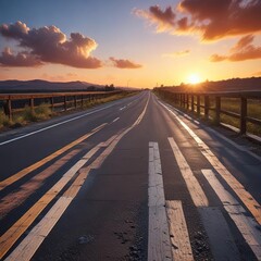 High-contrast image of dark asphalt road with a wooden railing against a bright sky at sunrise, wooden railing, daytime, landscape