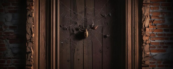 bats perched on a haunted door with a spider web pattern , eerie atmosphere, bats