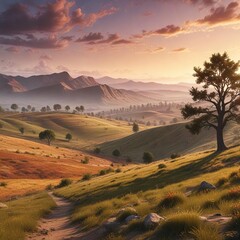 Obraz premium Rolling hills and vast sky with a few trees scattered on the horizon, wildflowers, rolling hills, natural landscape