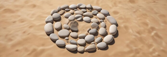 Smooth, rounded stones stacked high in a circular pattern on sandy shore, stone tower, natural