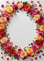 A floral wreath made from a mix of colorful rose petals and leaves on a plain white paper background, flowers, garden party, spring decor
