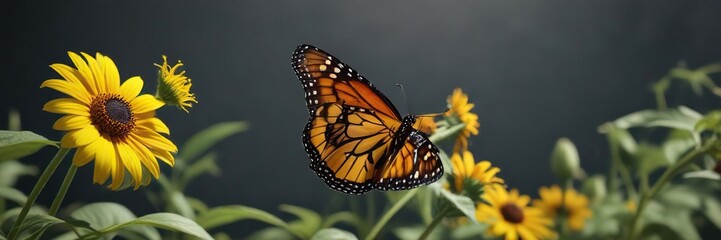 A monarch butterfly sipping nectar from the long, tube-shaped flower of a helianthus , nature, bloom