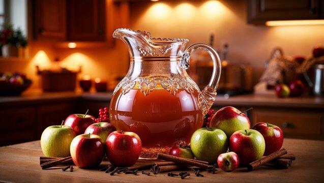Glass pitcher of apple cider surrounded by fresh apples and cinnamon sticks in cozy kitchen - Powered by Adobe