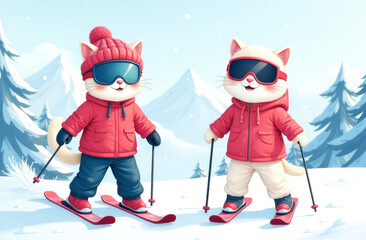 two funny cats skiing in the mountains
