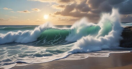Fototapeta premium dramatic sea foam with ocean waves crashing against the shore, shoreline, rugged terrain, ocean