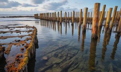 Barnacle-covered wooden pilings in a tidal pool, marine life, tidal zones