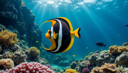 Fototapeta premium Colorful fish gracefully swims among vibrant coral reefs in a sunlit underwater paradise