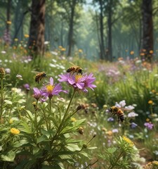 Obraz premium Bees collecting pollen from flowers in a forest clearing , insect behavior, botany