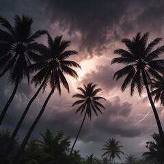 Obraz premium Palm trees swaying violently in the eye of a hurricane as dark storm clouds gather around, rainy season, windy conditions, stormy weather