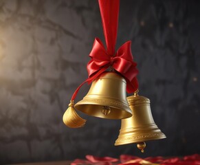 A red ribbon wrapped around a gold-clad bell, with a gold clapper suspended from it , gold clapper, red ribbon,