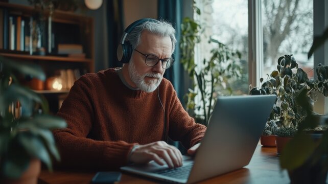 Focused senior headphones freelancer working on laptop with headphones in cozy cafe