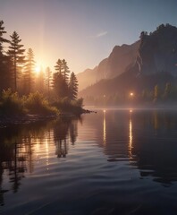 A series of beams of light dance across the surface of a calm lake, nature, pink orange glow