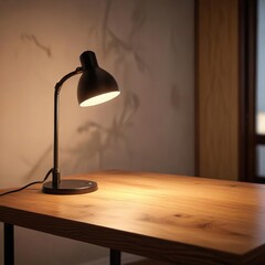 Low-slung desk lamp emits warm light on wooden table surface, soft beam, gentle glow