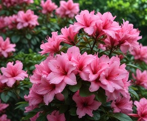 Pink azalea flowers against a green leafy background, leaf textures, landscape photography , azalea flowers