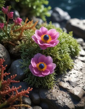 Beadlet anemone on rocky substrate with seaweed, seaweed, substrate