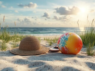 Bright beach ball and sunglasses on sandy shoreline. AI generated