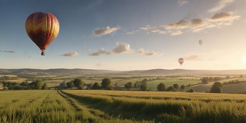 Obraz premium A single balloon drifting above a rolling landscape of hills and fields in the Loire Valley, nature, landscape