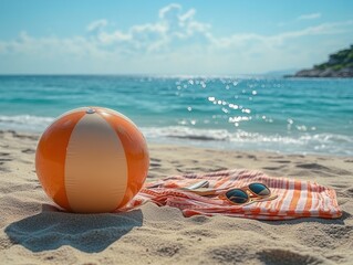 Obraz premium Bright beach ball and sunglasses on sandy shoreline. AI generated