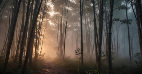 Obraz premium A sense of stillness pervades a misty bamboo grove at dawn, misty atmosphere, natural beauty