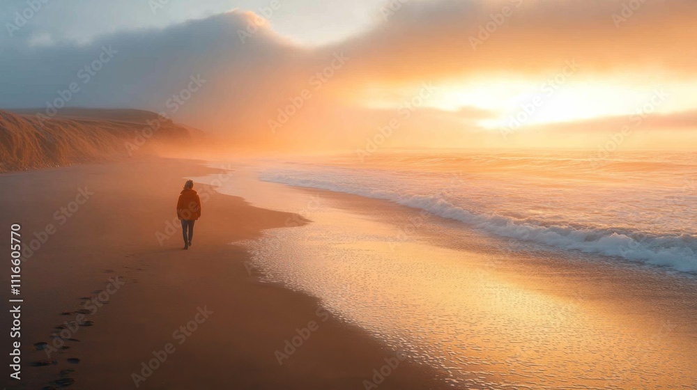 Aufkleber a person strolls alone on a serene beach during sunset, where the golden sunlight dances on ocean wa