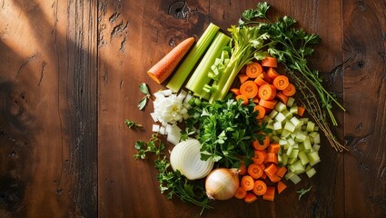 Chopped vegetables for soup preparation arranged on wooden surface