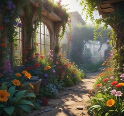 Obraz premium Overgrown and dusty garden with vines and flowers, wilderness, dusty, flowers