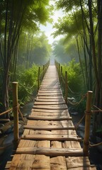 Suspension bamboo bridge connecting two trees with vines and leaves , bamboo suspended bridge, bamboo leaves , vine supported bamboo