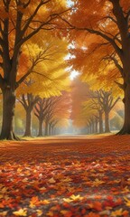 A colorful carpet of autumn leaves with oak trees in the background, forest floor, natural elements