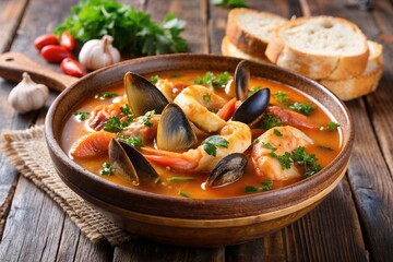 A hearty bowl of bouillabaisse filled with fresh mussels, shrimp, and fish in a rich tomato broth, garnished with parsley and served with crusty bread.