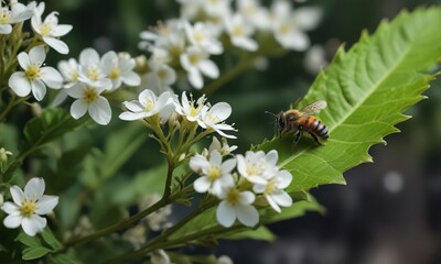 A bee perched on the edge of a green leaf with small white flowers, leaves, floral arrangement, bees