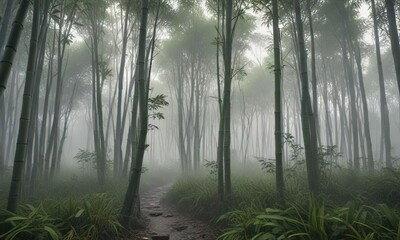 Obraz premium A misty morning in a bamboo forest with fog rolling in, fog, haze