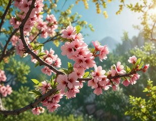Obraz premium Colorful apricot blossoms scattered across a blooming tree branch amidst green leaves and sunlight, colorful blooms, spring flowers, springtime beauty