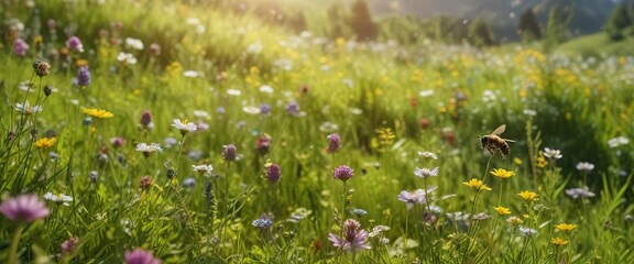 Bee flying to collect pollen from a green meadow with wildflowers , nature, blue
