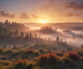 Obraz premium Sunrise over Belarusian forest with mist rising from the ground, scenery, forest landscape