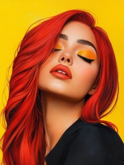 Obraz premium Vibrant Beauty with Striking Red Hair - A stunning portrait of a woman with vibrant red hair and bold makeup, set against a bright yellow background.