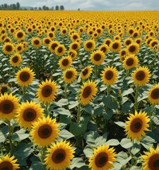 High-angle shot of a field of sunflowers and bees collecting pollen, bees, pollination