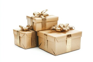 Obraz premium Radiant Golden Gift Boxes for Celebrations on a White Background