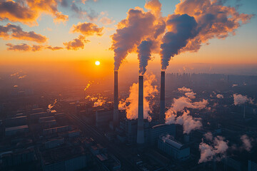 sunset with Air pollution in the world and see smoke from chimney