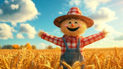 Scarecrow in farm land. Fall season decoration.