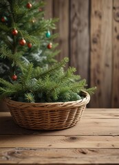 Green Christmas tree branches in a natural fiber basket with a mix of bare and adorned branches, placed on a rustic wooden table, rustic table, Christmas tree branches, cozy atmosphere