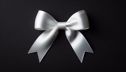 Elegant white satin ribbon bow on black background; perfect for gift wrapping, holiday cards, or special occasions