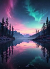 Fototapeta premium Soft pink and blue hues from the aurora borealis illuminate the dark sky above a serene lake, creating an image of perfect tranquility, icy landscape, natural beauty