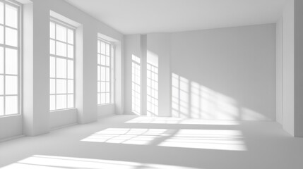 Fototapeta premium Sunlit empty white room with large windows and shadows.