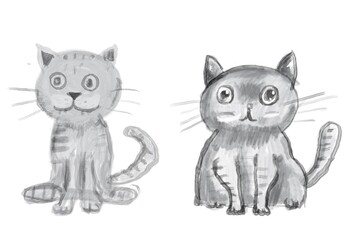 Funny gray cats childish drawing style, isolated