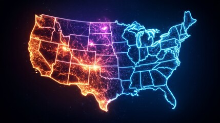 Vibrant Neon Map of the United States - A dynamic depiction of the United States, illuminated with neon colors showcasing various regions in stunning electric tones.