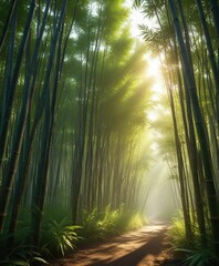 Forest of tall bamboo groves with morning sunlight filtering through leaves, serene landscape, forest