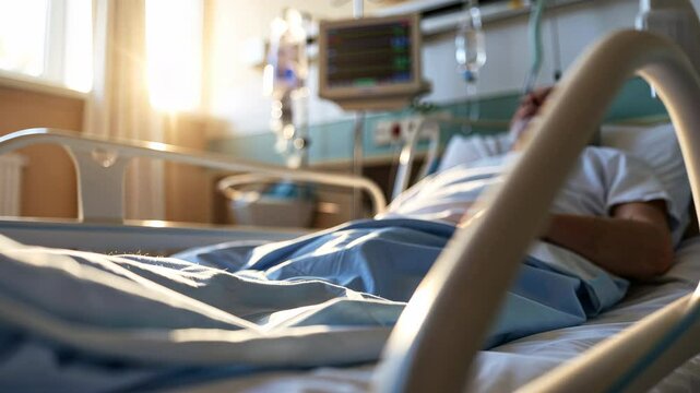 A blurry male patient lies on a hospital bed. Blurred hospital room in surgical department. Intensive care unit.