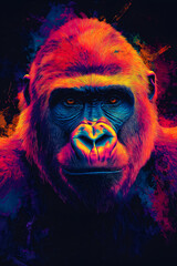Obraz premium A gorilla with colorful, vibrant colors against a black background made in a digital art style, Oil painting effects, Poster design and picture design, Wall painting design