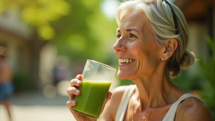 Enjoying a refreshing green smoothie in a sunny park on a cheerful afternoon