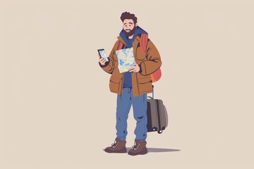 Bearded man traveler with backpack, phone, map, and luggage.